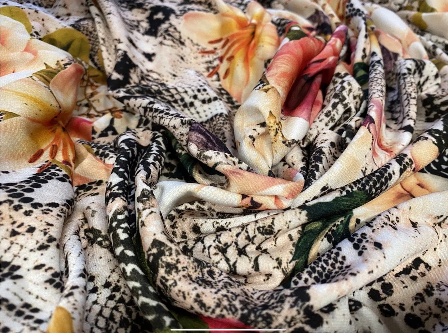 Soft touch stretch spandex single jersey fabric, per metre - roses on snakeskin print - multicolour