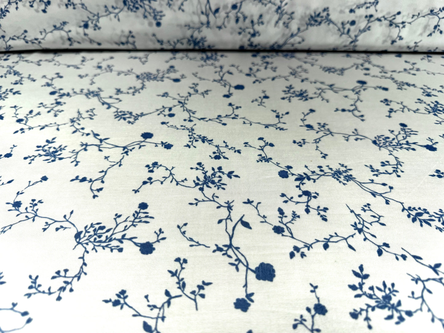 Angelique lightweight sateen jersey fabric, per metre - rambling rose print - white & powder blue