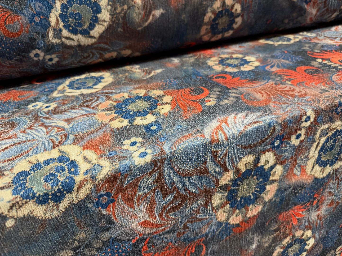 Crinkle crepe stretch woven fabric, per metre - paisley floral print - washed denim & orange