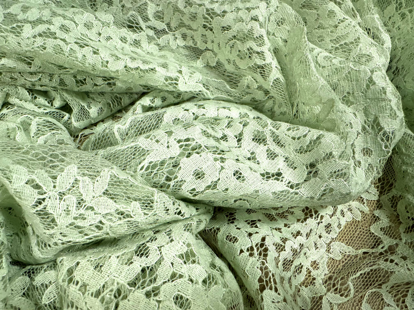 Lace dress fabric, per metre - floral rose design - mint green