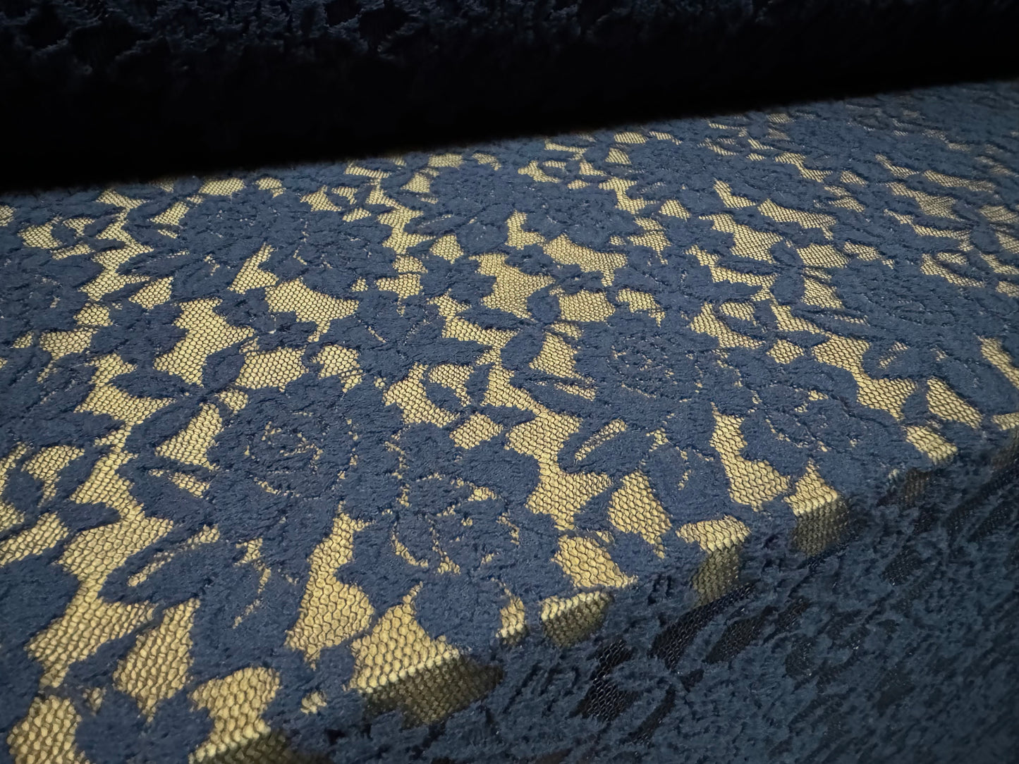 Stretch cotton spandex lace fabric with decorative selvedge, per metre - floral - navy blue