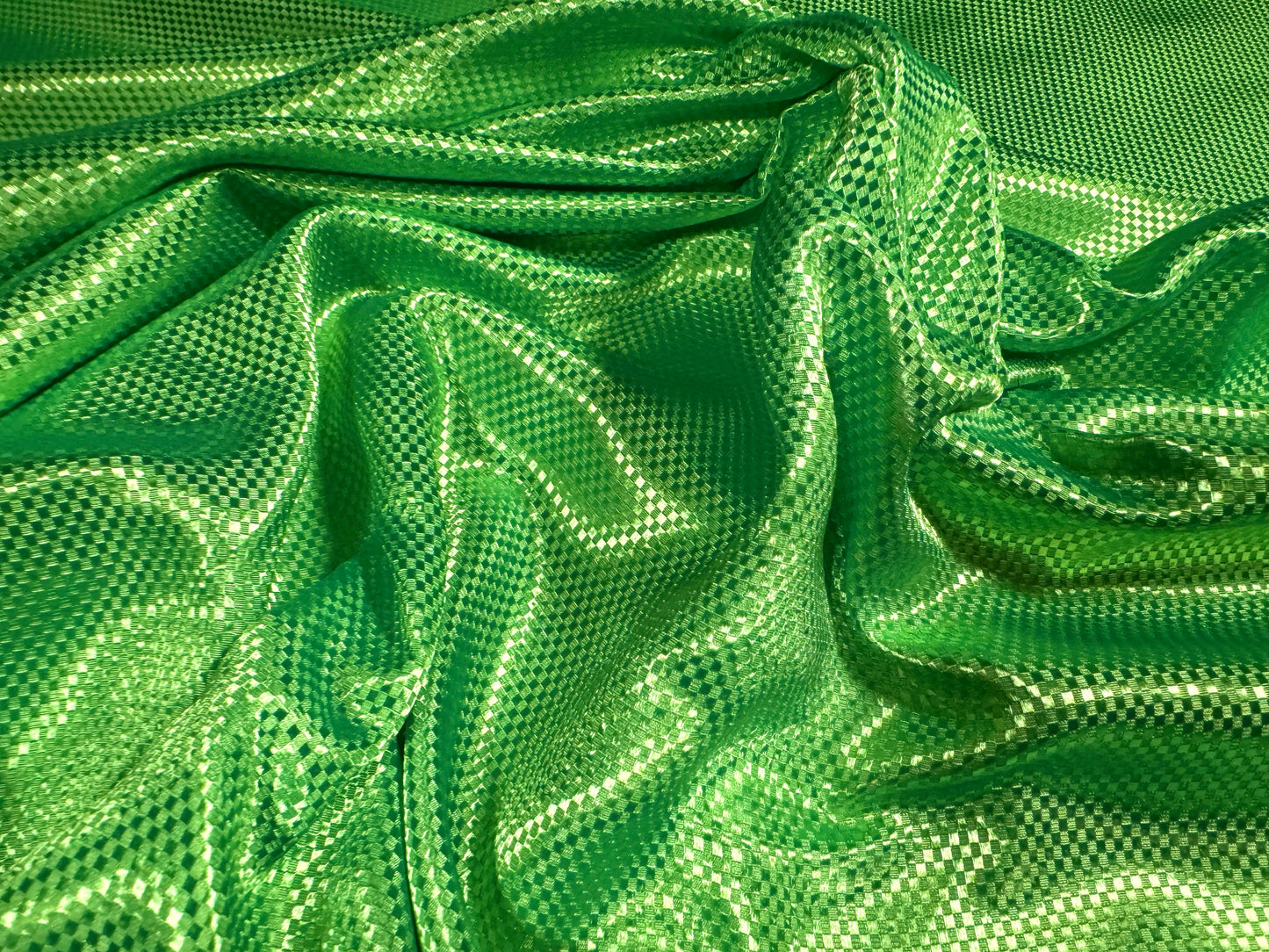 Silky satin woven fabric, per metre - raised check - green