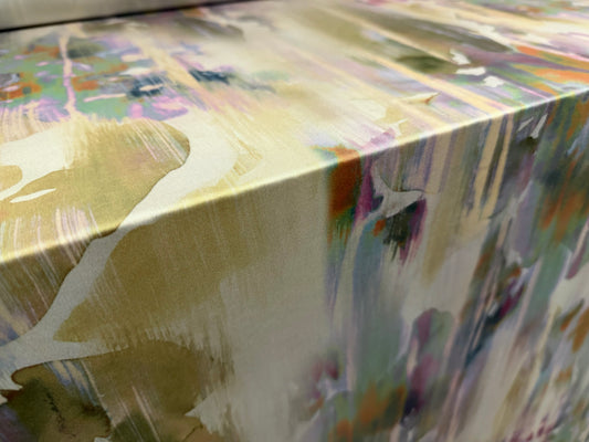 Soft touch stretch spandex single jersey fabric, per metre - stylised poppies print - khaki cream & lilac