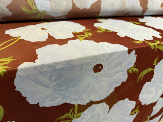 Power mesh net stretch spandex fabric, per metre - flower print - brown & sky blue