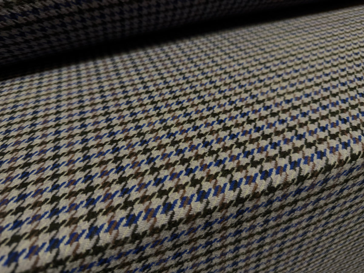 Heavyweight wool fabric, per metre - dogtooth check - grey brown & blue