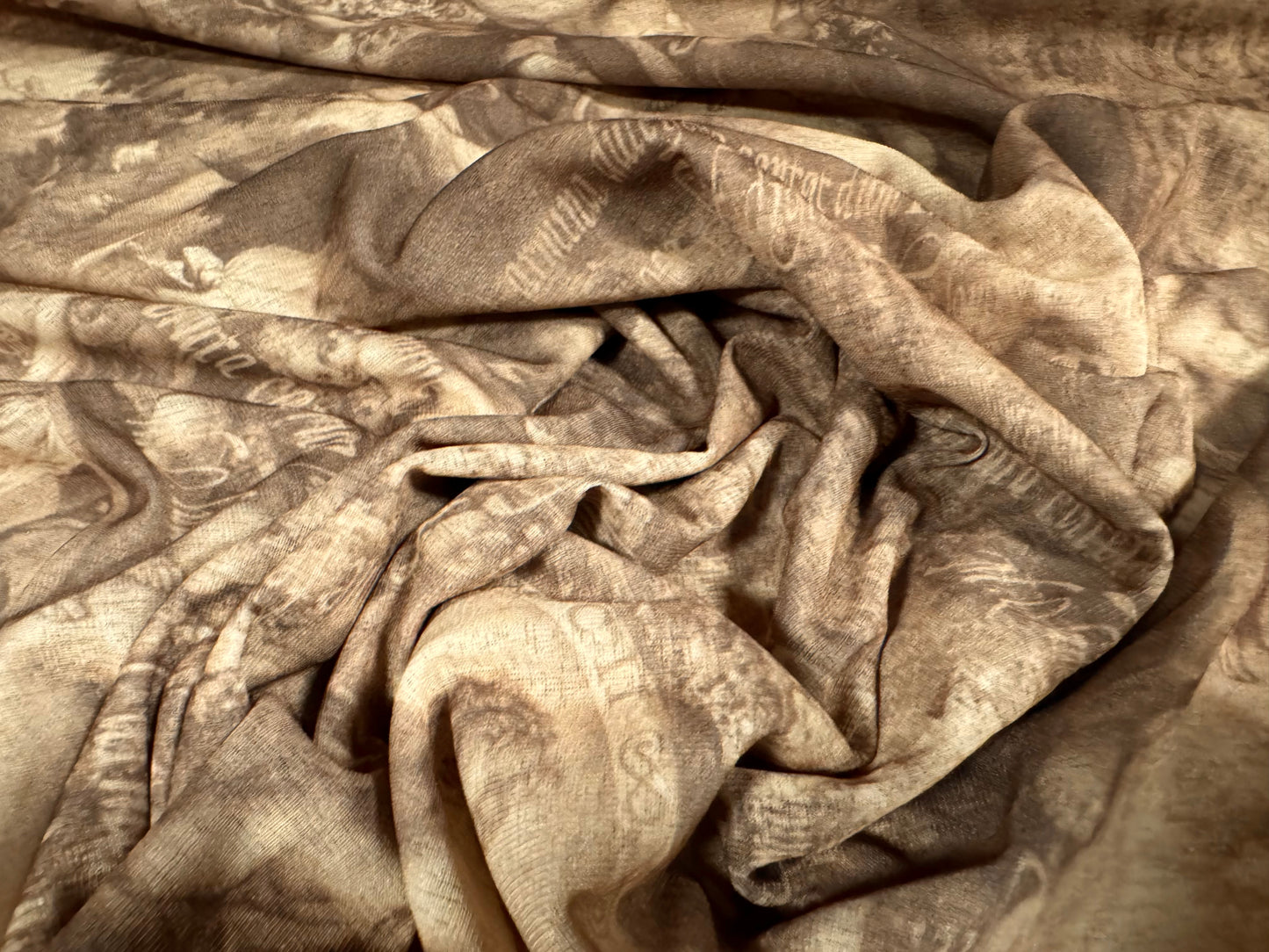 Thick & thin stretch spandex single jersey fashion fabric, per metre - cherubs, angels and Latin print - brown & beige