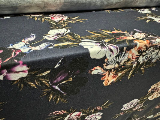 Soft handle single jersey fabric, per metre - floral print - grey with multicolour roses