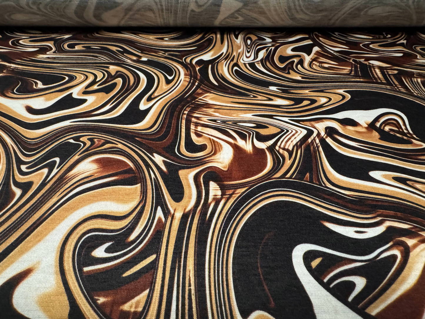 Soft handle single jersey fashion fabric, per metre - 60s swirl print - brown & beige