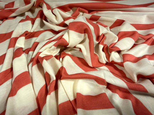 Viscose single jersey fashion fabric, per metre - stripe - salmon & cream