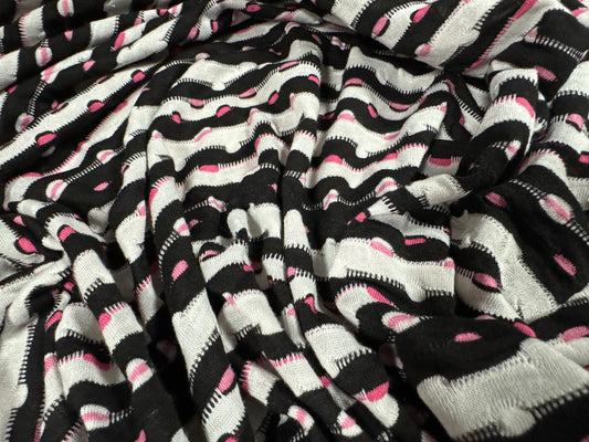 Stretch jersey fashion fabric, per metre - dobby stripe jacquard - black pink & off white