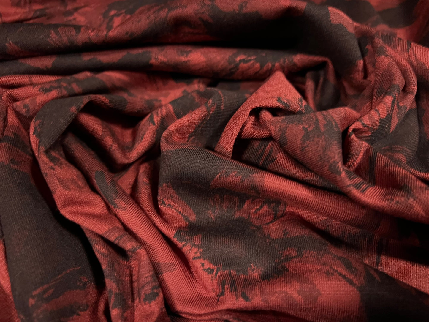 Viscose spandex stretch single jersey fabric, per metre - floral splash print - wine & black