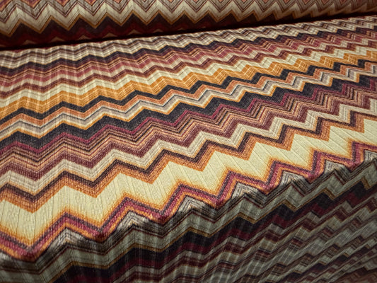 Stretch spandex rib jersey fabric, per metre - zigzag print - stone mustard & magenta