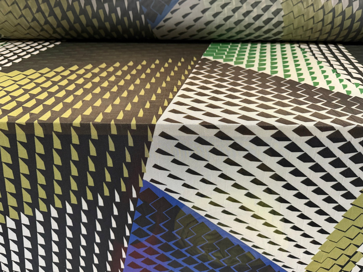 Power mesh net stretch spandex fabric, per metre - geometric print - khaki emerald & blue