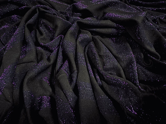 Metallic stretch single jersey fashion fabric, per metre - stripe - black with purple lurex