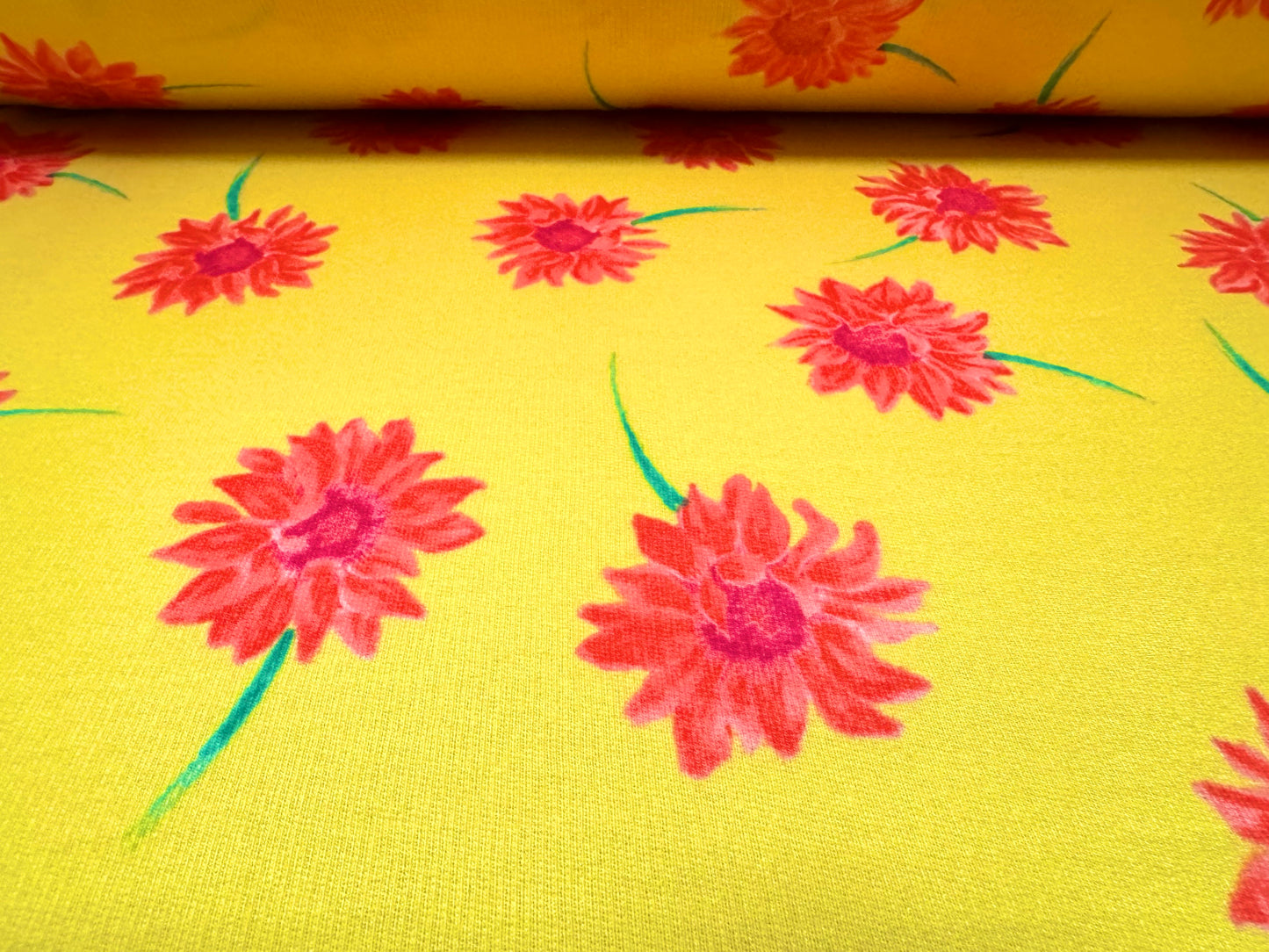French Terry loopback sweatshirt jersey fabric, per metre - floral print - bright yellow & pink