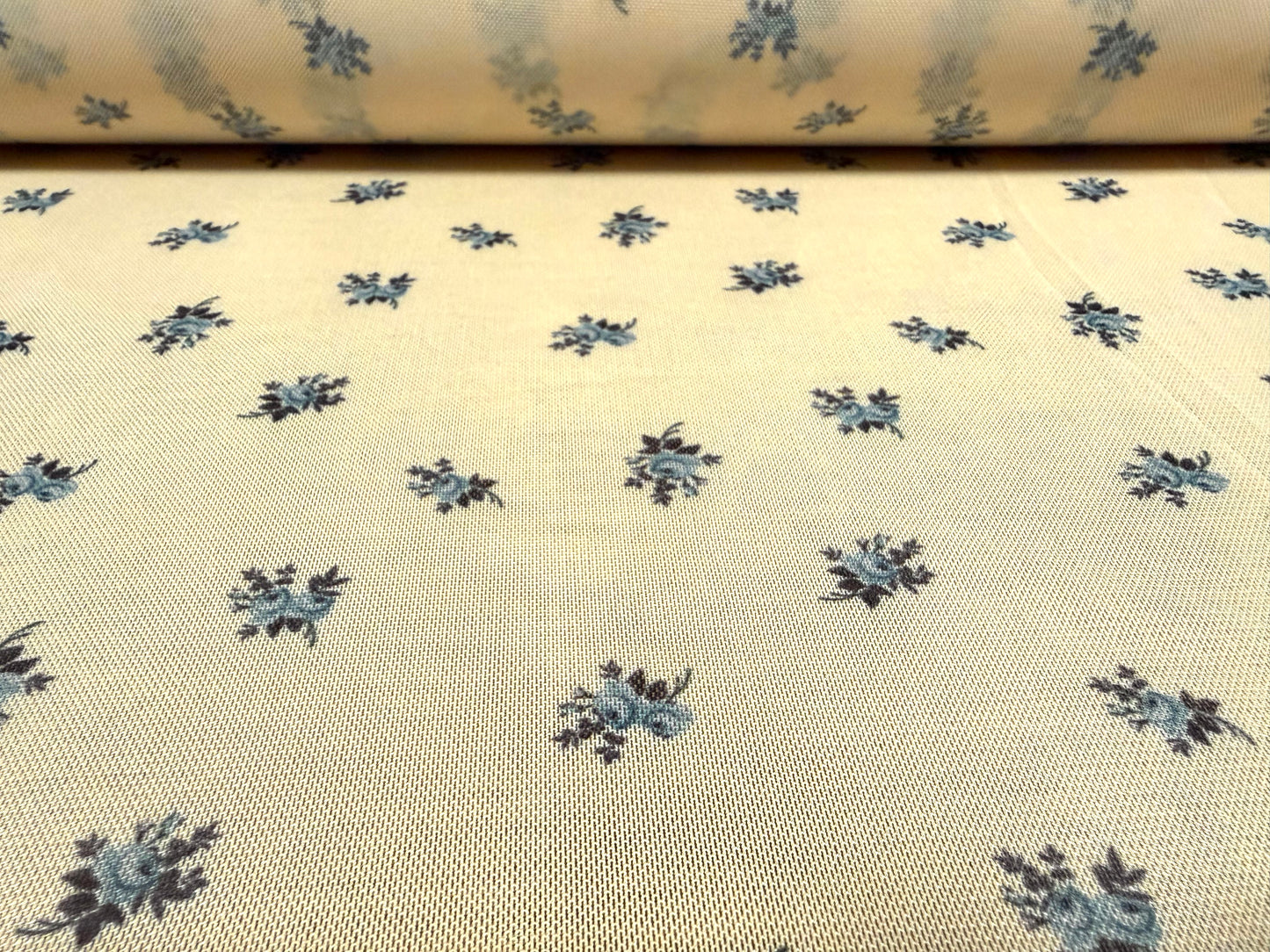Power mesh net stretch spandex fabric, per metre - ditsy bouquet floral print - buttermilk & sky blue
