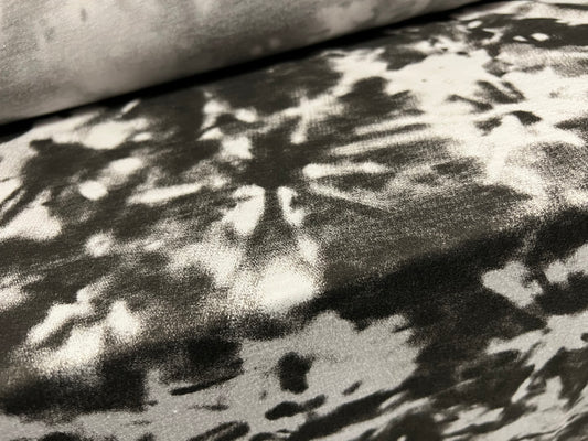 Soft handle single jersey fabric, per metre - tie dye print - charcoal & white