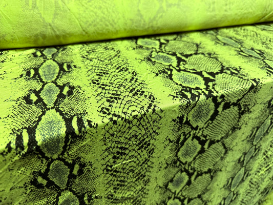 Viscose spandex stretch single jersey fabric, per metre - snakeskin animal print - lime green