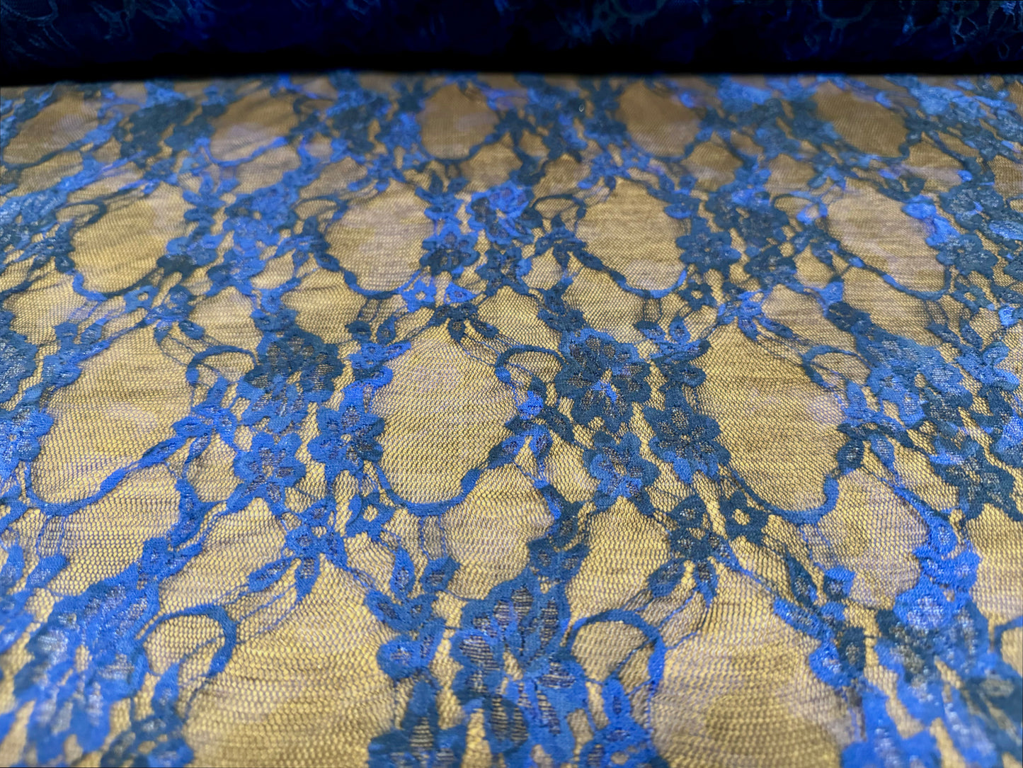 Stretch spandex mesh lace fabric, per metre - floral smudge print - navy & royal blue