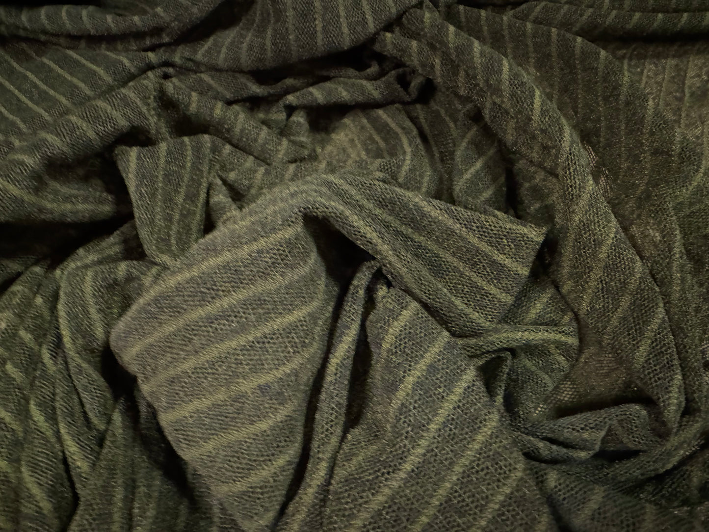 Power mesh net stretch spandex fabric, per metre - raised pinstripe melange - olive green