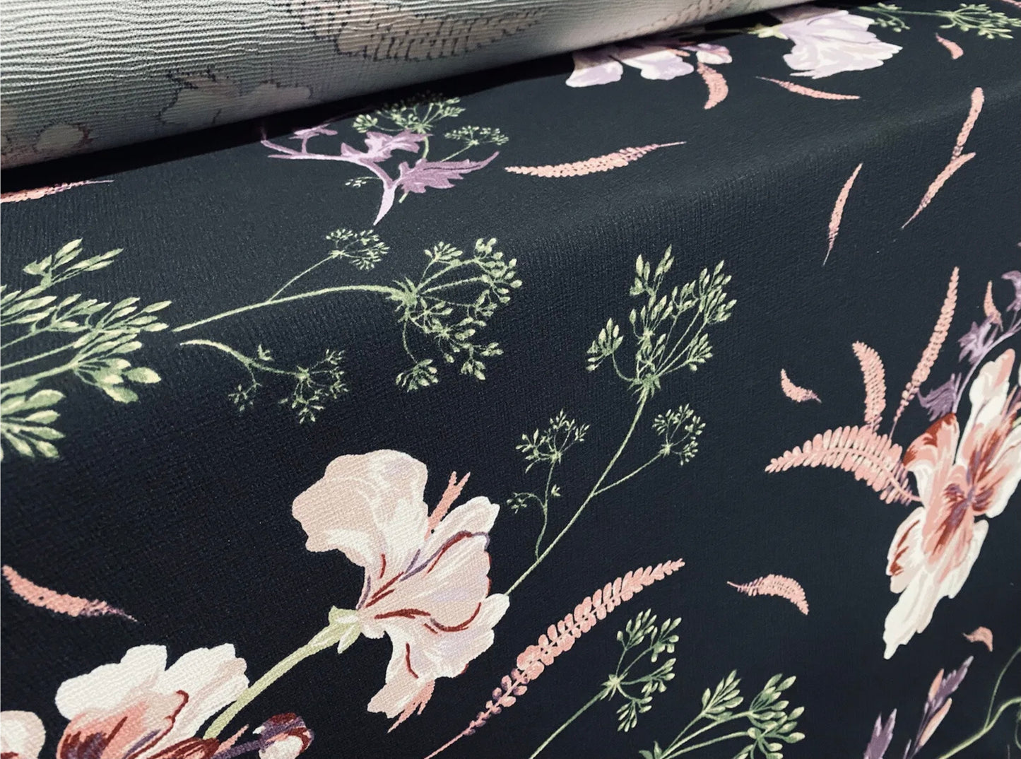 Stretch crepe woven dress fabric, per metre - floral print - black & pink