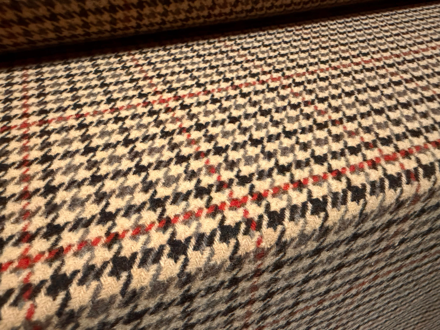 Heavyweight wool flannel coat jacket fabric, per metre - dogtooth check - light brown red & black