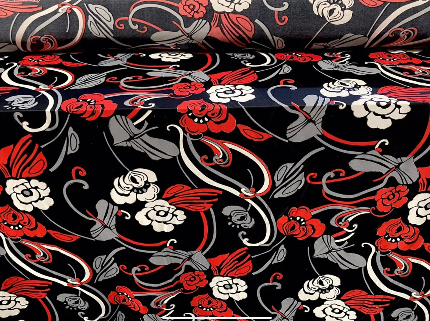 Stretch spandex single jersey fabric, per metre - floral print with glitter - red black & white