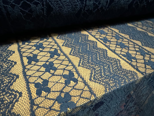 Lightweight mesh lace fabric, per metre - floral stripe - petrol blue