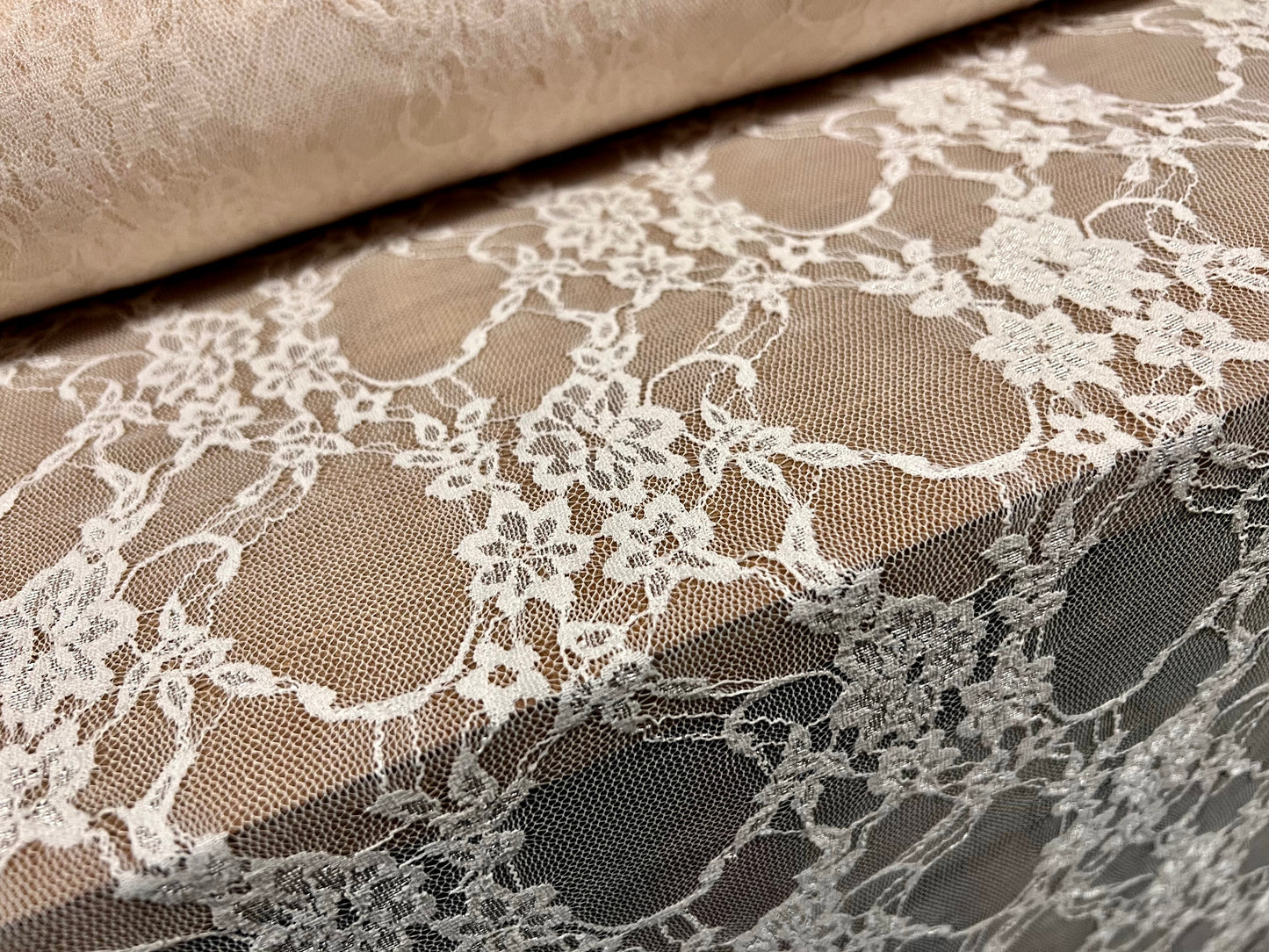 Stretch spandex mesh lace net fabric, per metre - floral - oyster