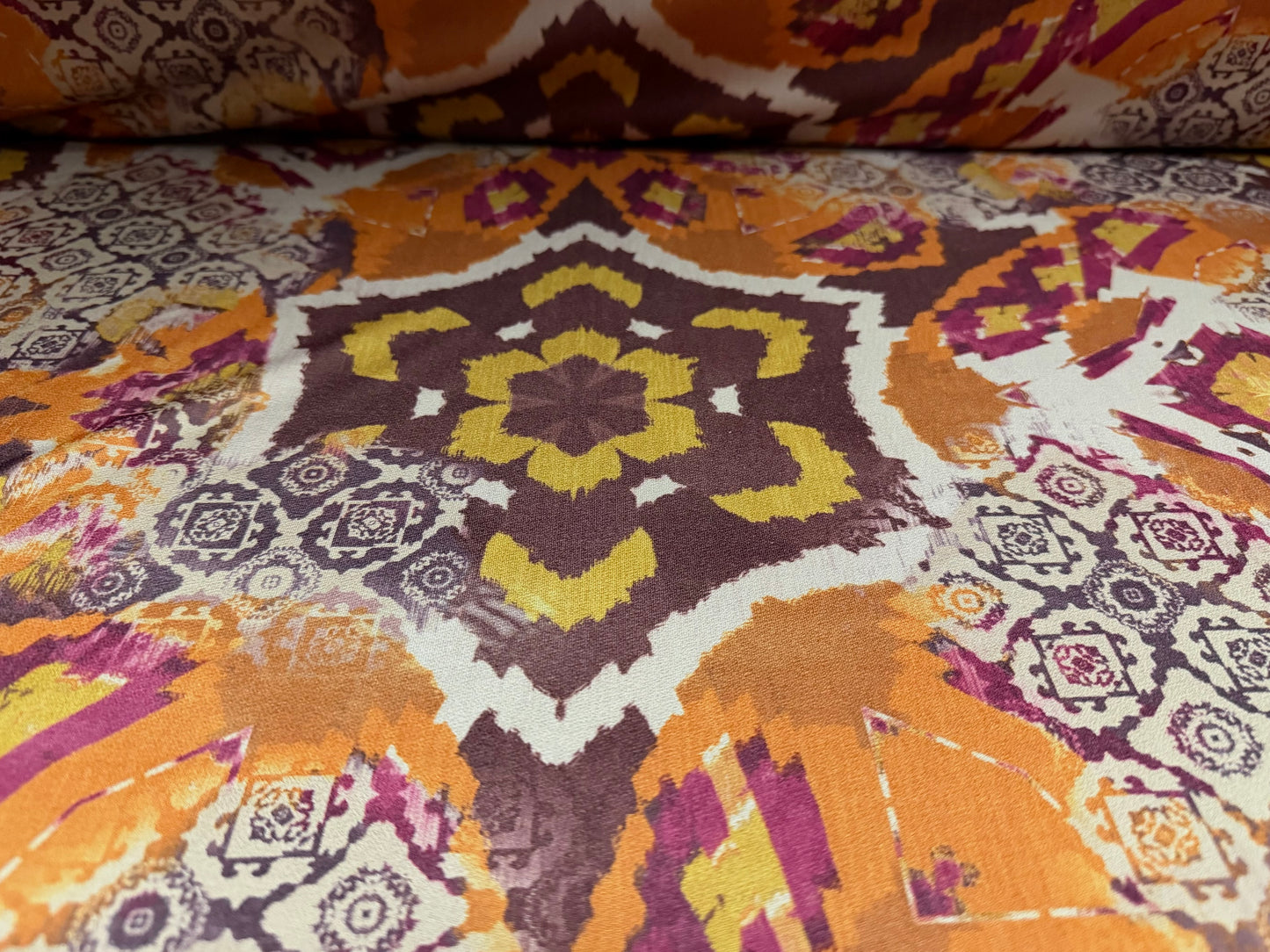 Stretch spandex crepe jersey fabric, per metre - floral collage print - orange brown & chartreuse