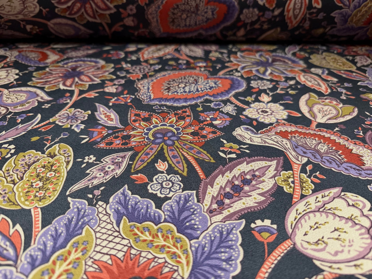 Stretch spandex crepe jersey fabric, per metre - botanical print - black rust & violet