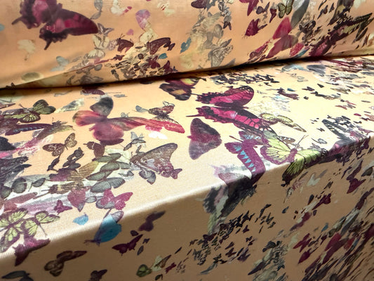 Stretch spandex single jersey fashion fabric, per metre - butterfly print - peach & purple