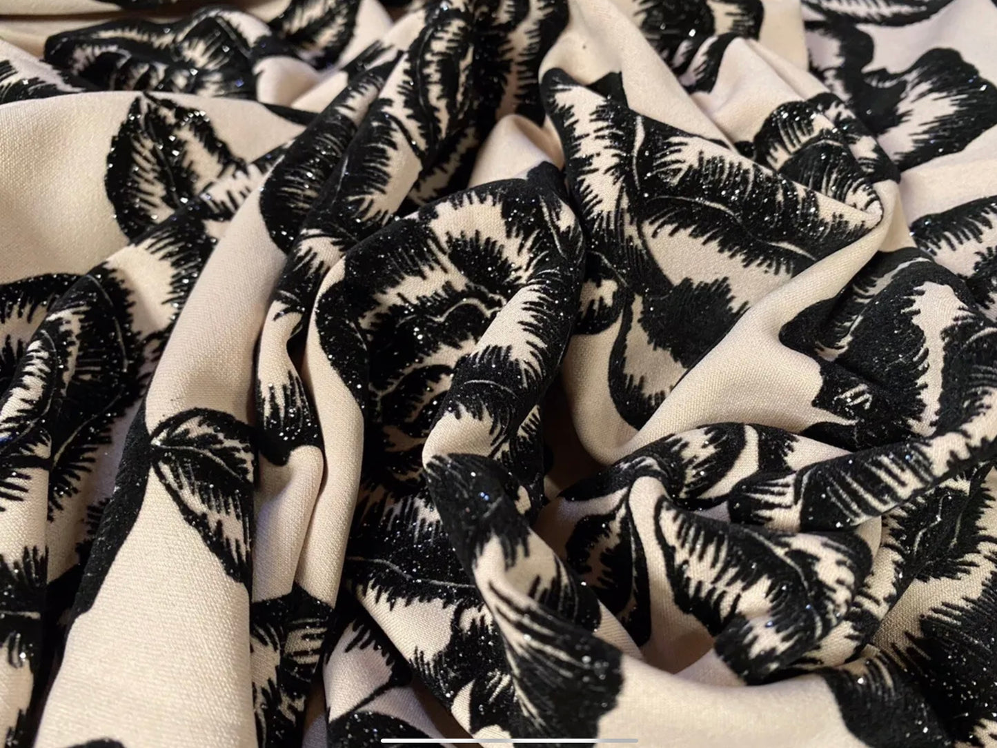 Stretch spandex double jersey fabric, per metre - flocked rose print with glitter sparkle - beige & black