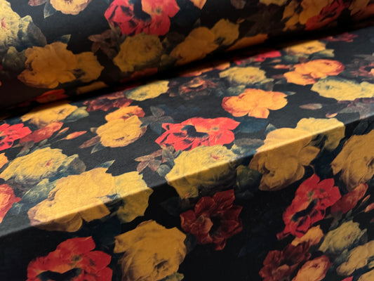 Soft touch stretch spandex single jersey fabric, per metre - roses print - black amber & red