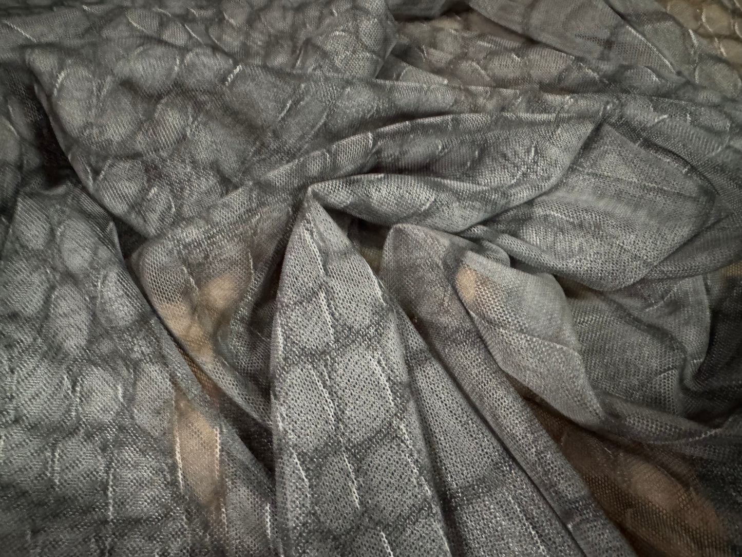 Power mesh net stretch spandex fabric, per metre - crocodile animal print - grey