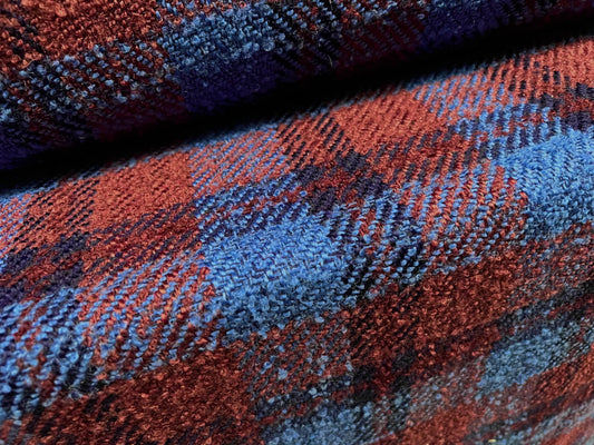 Wool blend bouclé fabric, per metre - lumberjack check - blue & burgundy