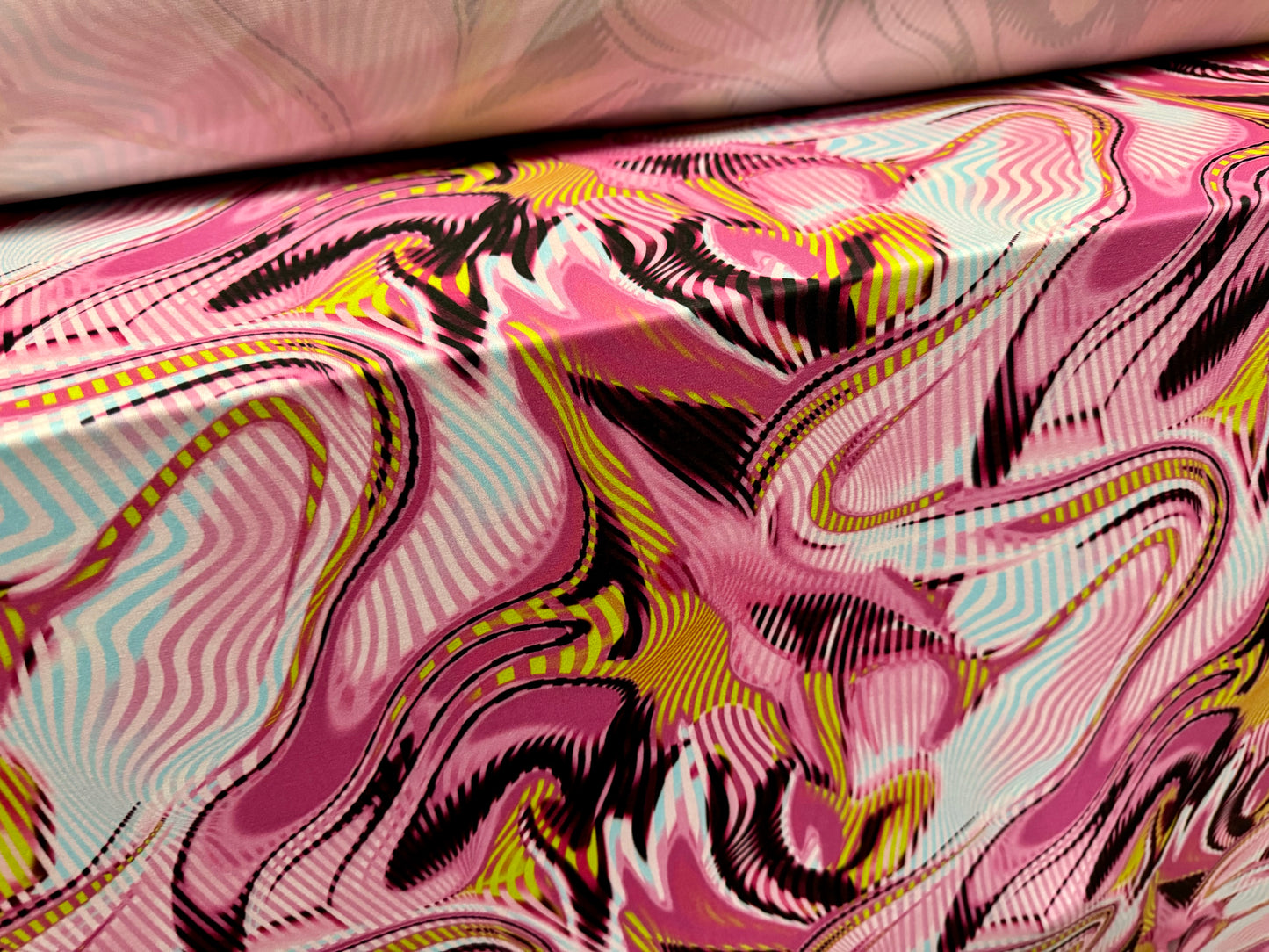 ITY stretch spandex single jersey fabric, per metre - abstract swirl print - hot pink & gold