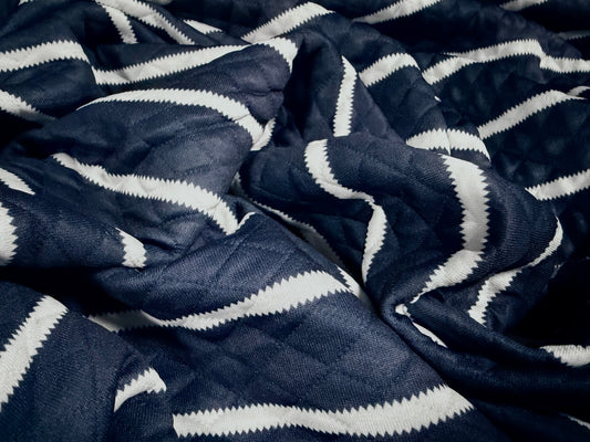 Double jersey stretch fashion fabric, per metre- mock quilted stripe - navy & white