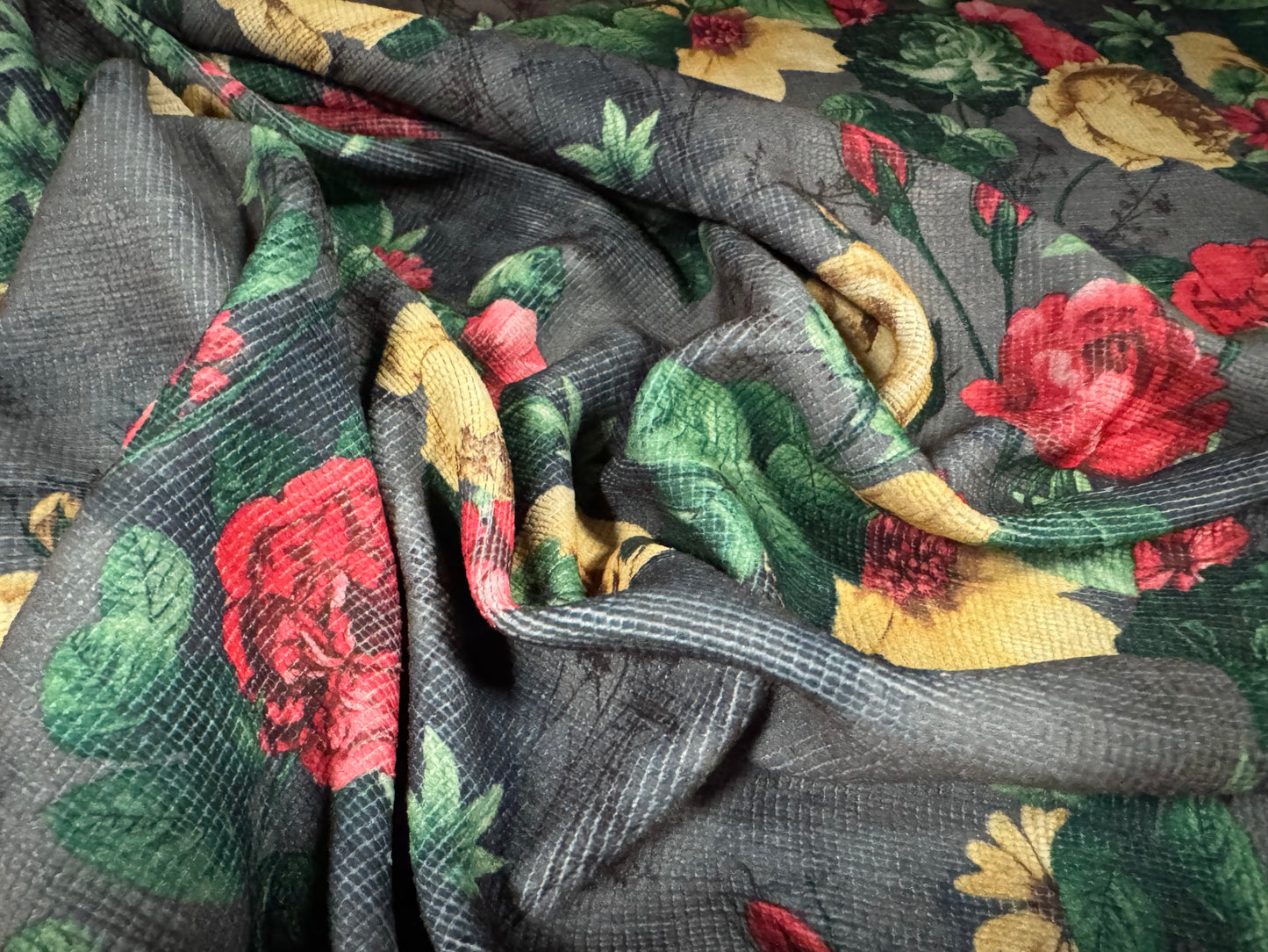 Chenille upholstery fabric, per metre - roses print - grey red & gold