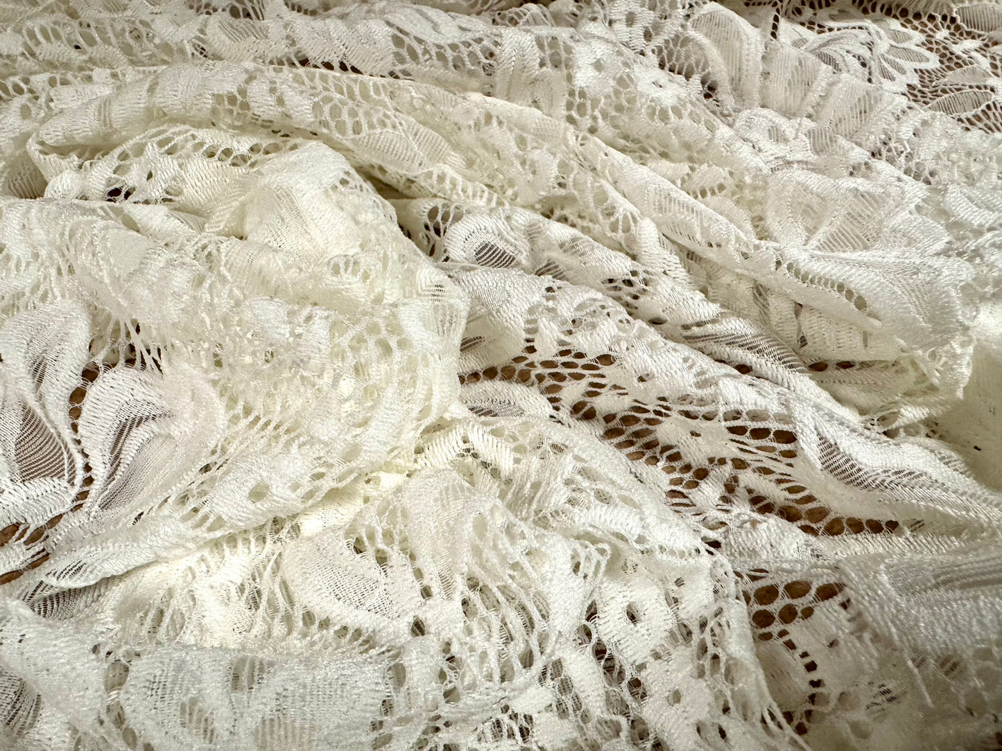 Soft stretch lace dress fabric, per metre - scalloped selvedge - flower design - cream