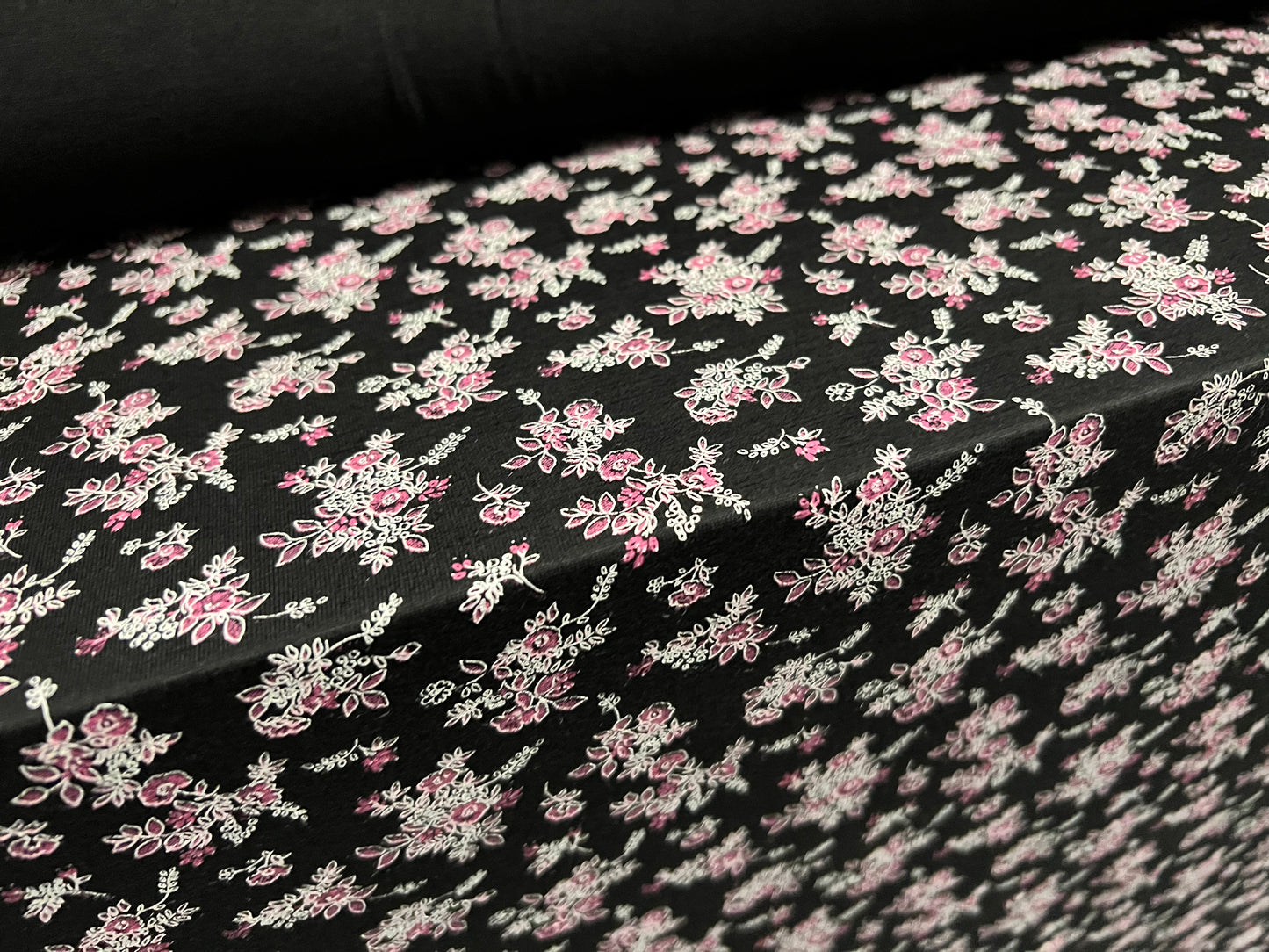 Viscose spandex stretch single jersey fabric, per metre - floral bouquet print - black & pink