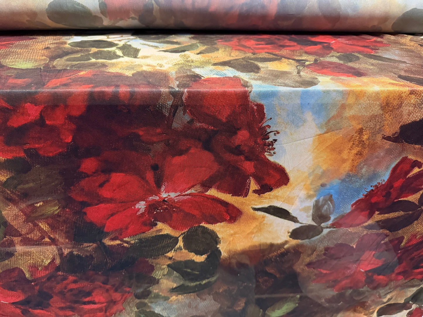 Power mesh net stretch spandex fabric, per metre - Impressionist floral print - red gold & blue