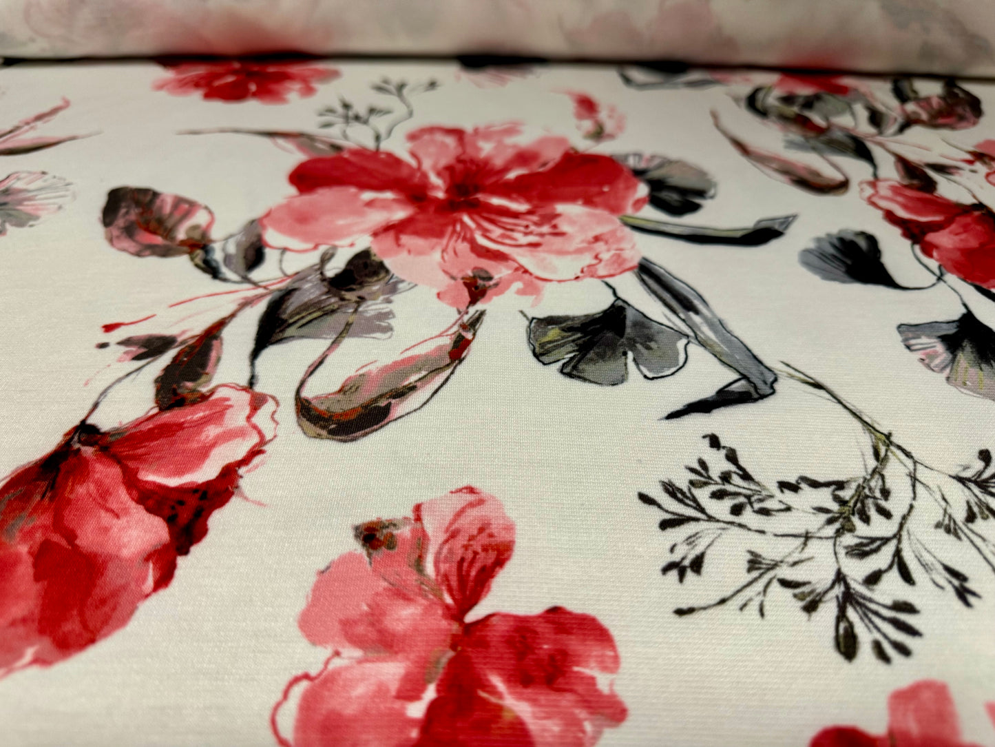 Ponte Roma double jersey knit stretch fabric, per metre - watercolour floral print - pink & ivory