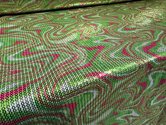 Couture dress fabric with sequins, per metre - swirl design - green & pink
