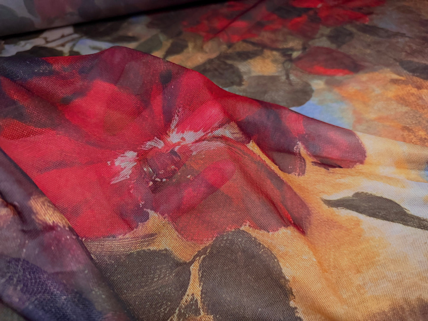 Power mesh net stretch spandex fabric, per metre - Impressionist floral print - red gold & blue