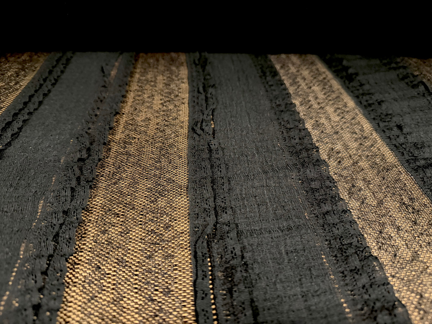 Frilled lace mesh fabric with fancy stripe, per metre - black