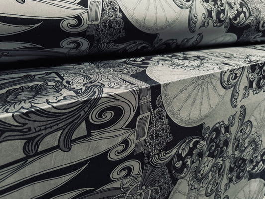 Soft touch stretch spandex single jersey fabric, per metre - buckles chains & paisley print - grey