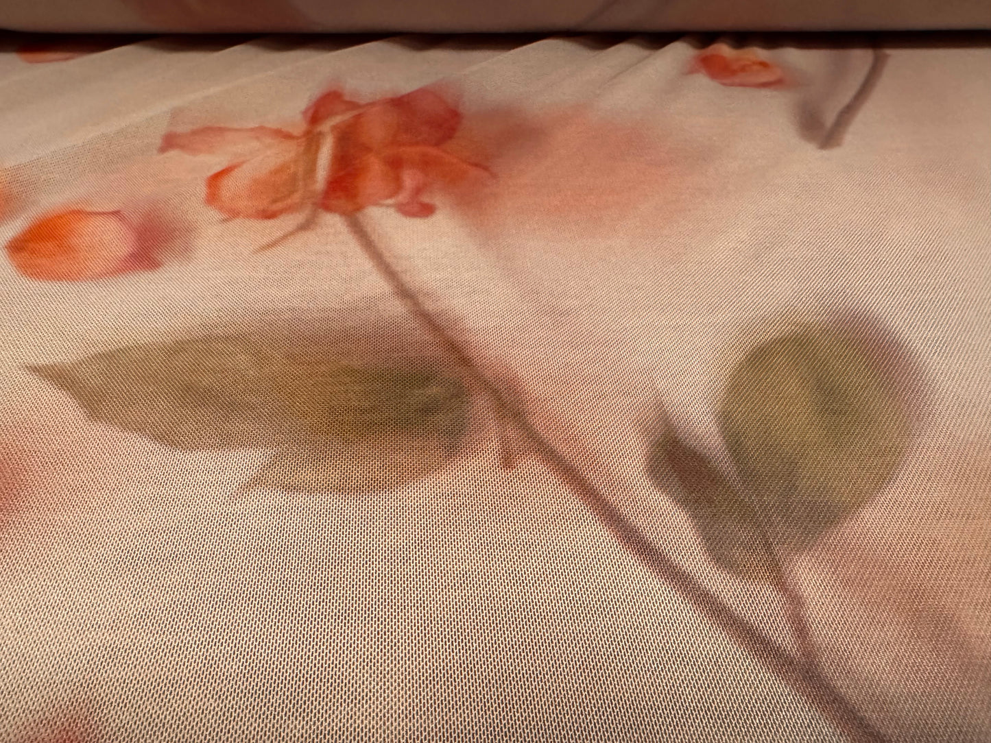 Power mesh net stretch spandex fabric, per metre - soft focus rose print - dusky pink