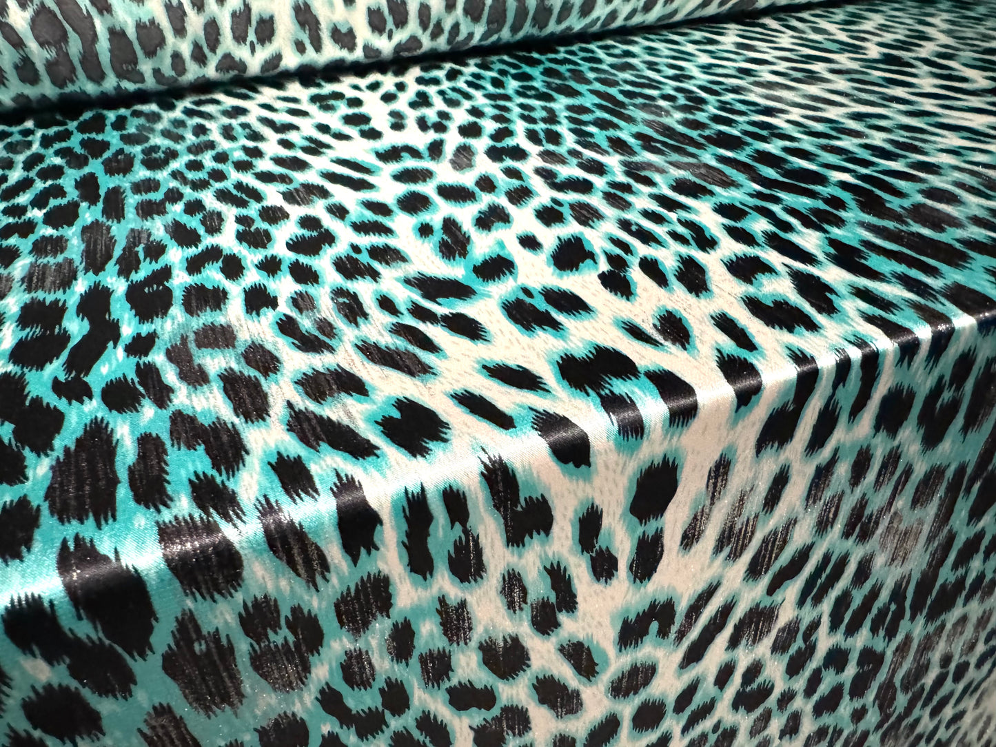 Metallic charmeuse satin dress fabric, per metre - Leopard print - turquoise