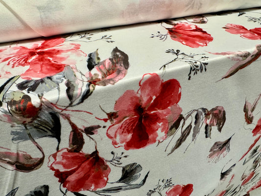 Ponte Roma double jersey knit stretch fabric, per metre - watercolour floral print - pink & ivory